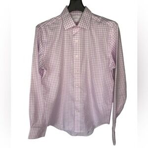 Lorenzo Uomo Men’s Pink White Check Trim Fit Plaid Long Sleeve Dress Button Down
